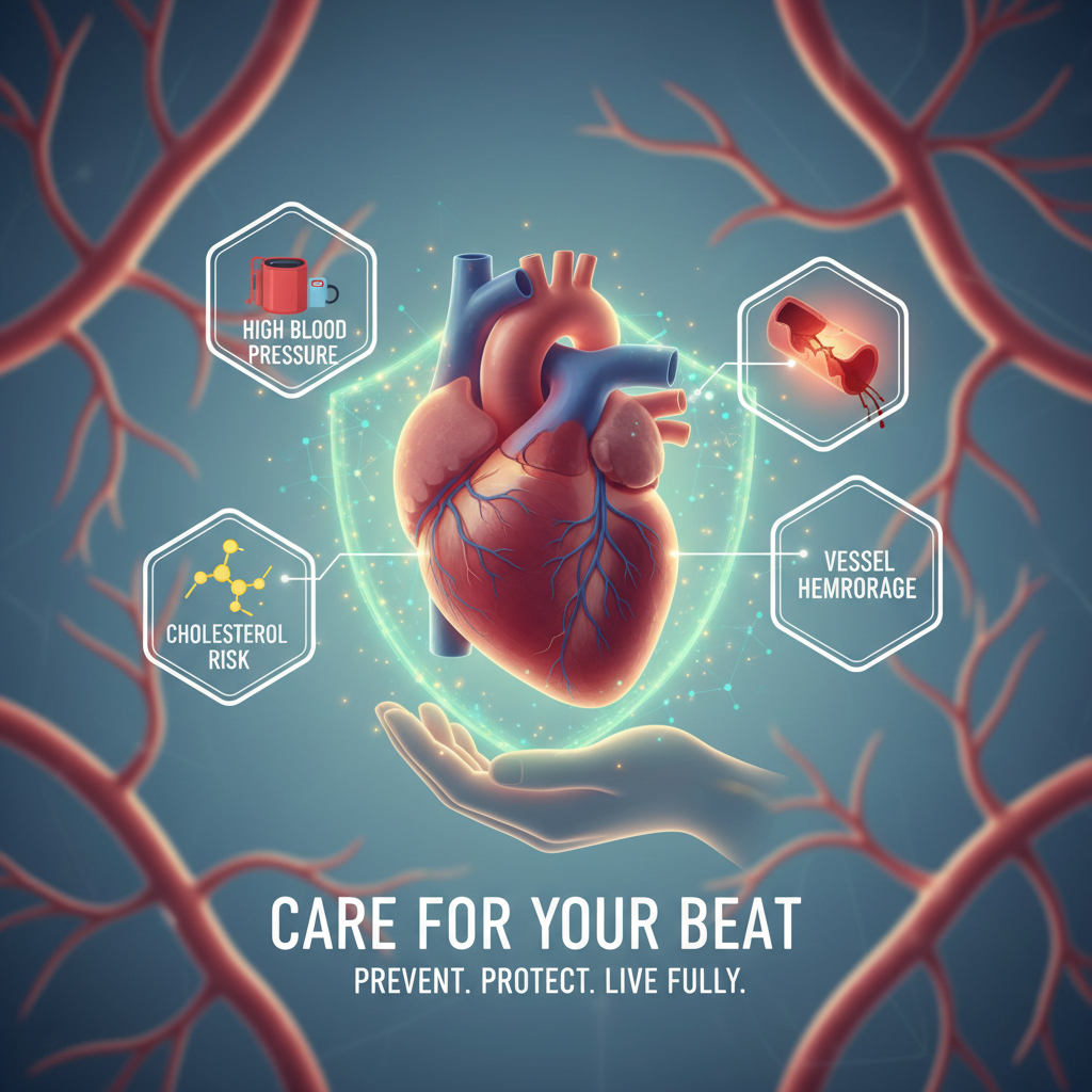 Hình ảnh về sức khỏe tim mạch với các yếu tố nguy cơ như tăng huyết áp và cholesterol liên quan đến xuất huyết mạch máu
