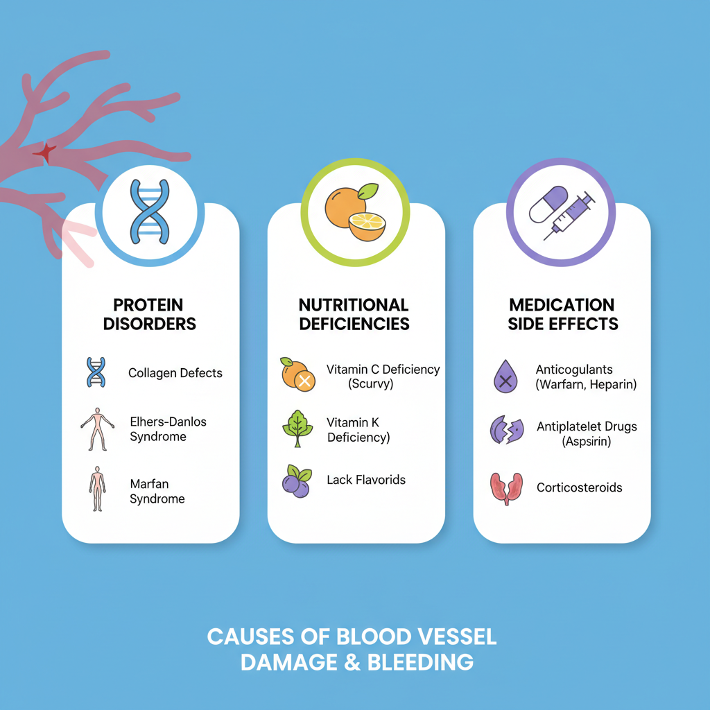 Infographic về nguyên nhân gây xuất huyết mạch máu như rối loạn protein và thiếu dinh dưỡng