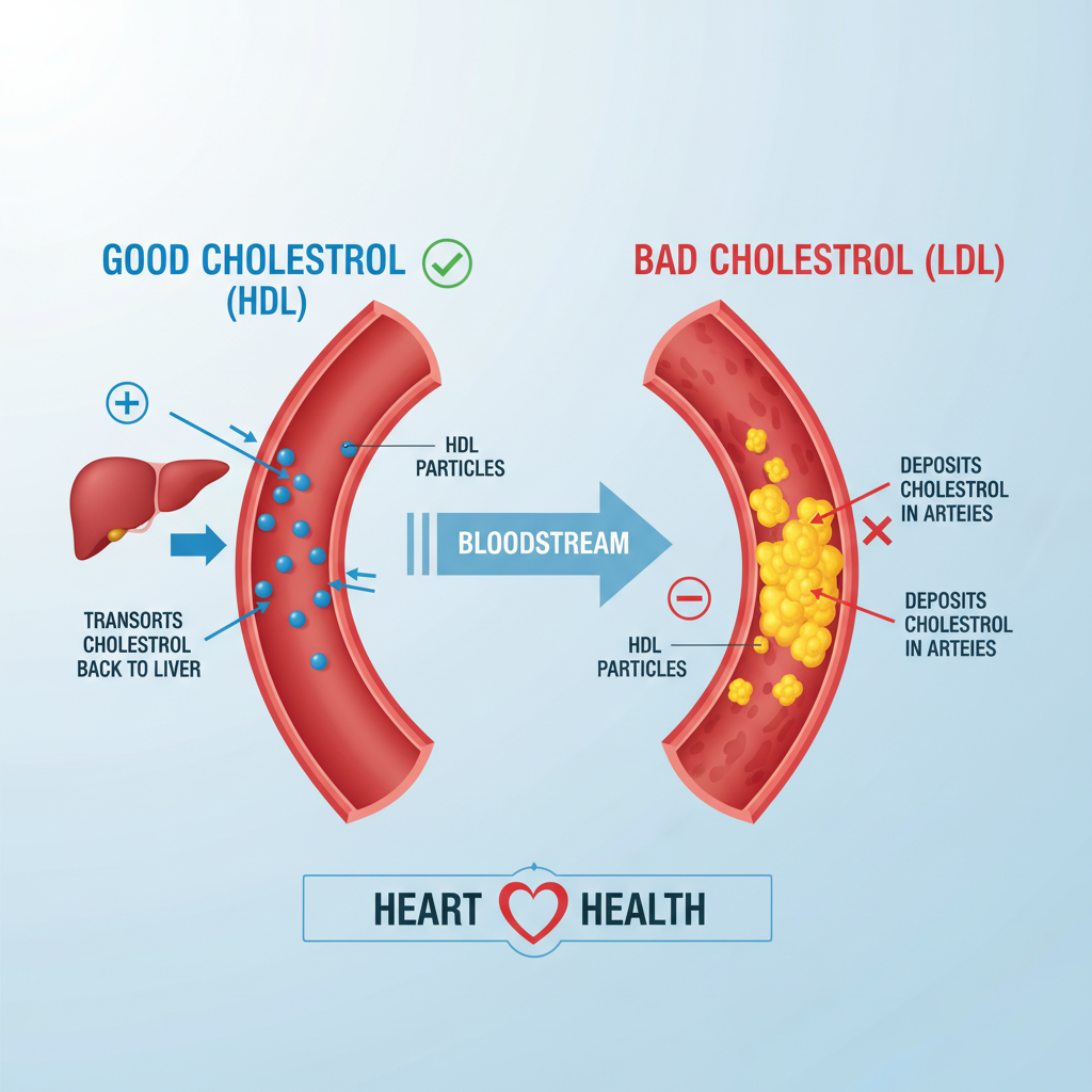 Minh họa về cholesterol tốt (HDL) và xấu (LDL) trong máu và tác động đến động mạch