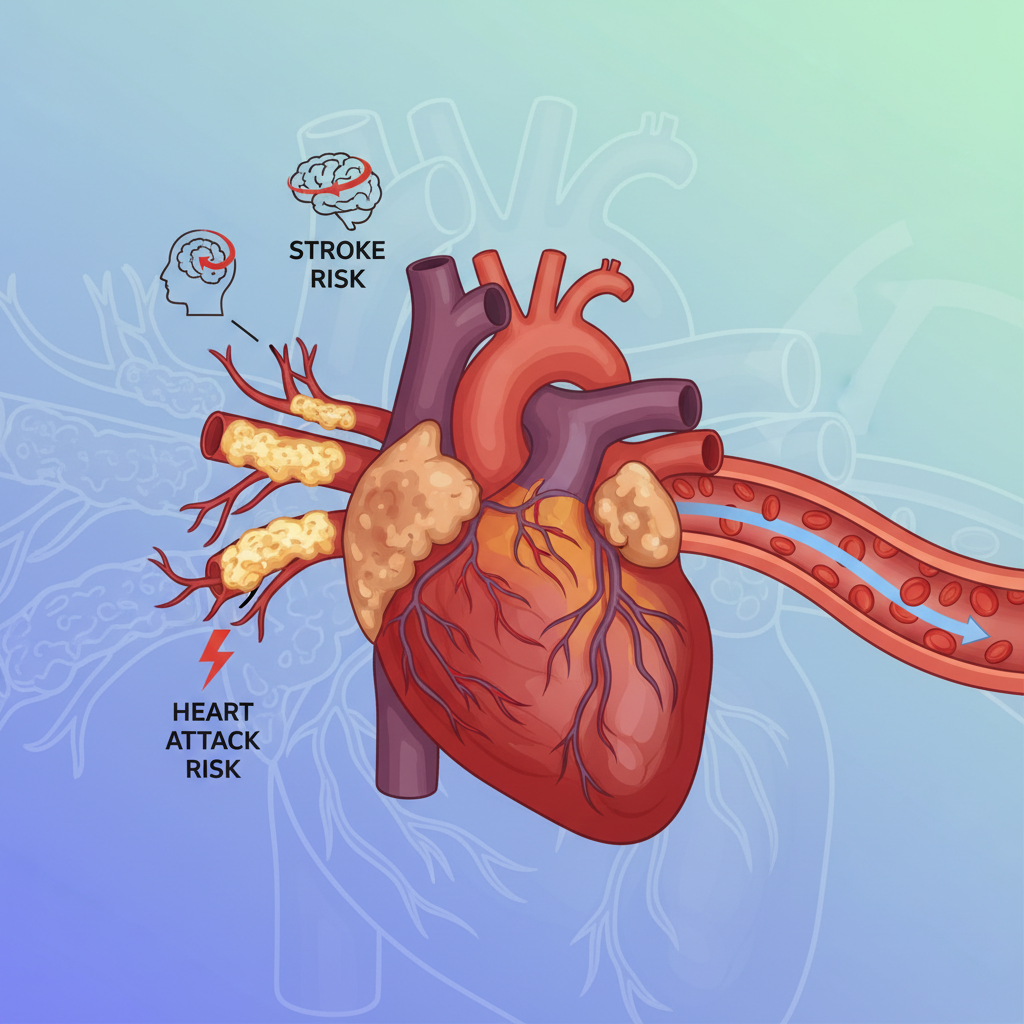 Hình ảnh trái tim với động mạch bị tắc nghẽn do cholesterol cao và nguy cơ biến chứng