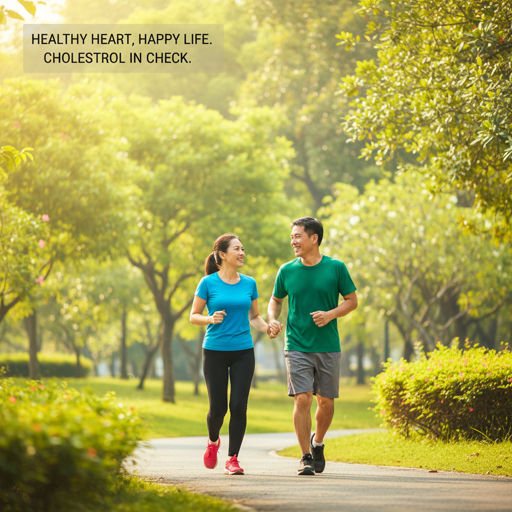Hình ảnh cặp đôi trung niên tập thể dục tại công viên để kiểm soát cholesterol