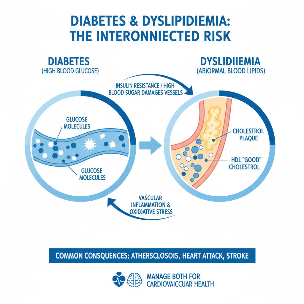 Infographic minh họa mối liên hệ giữa đái tháo đường và rối loạn lipid máu