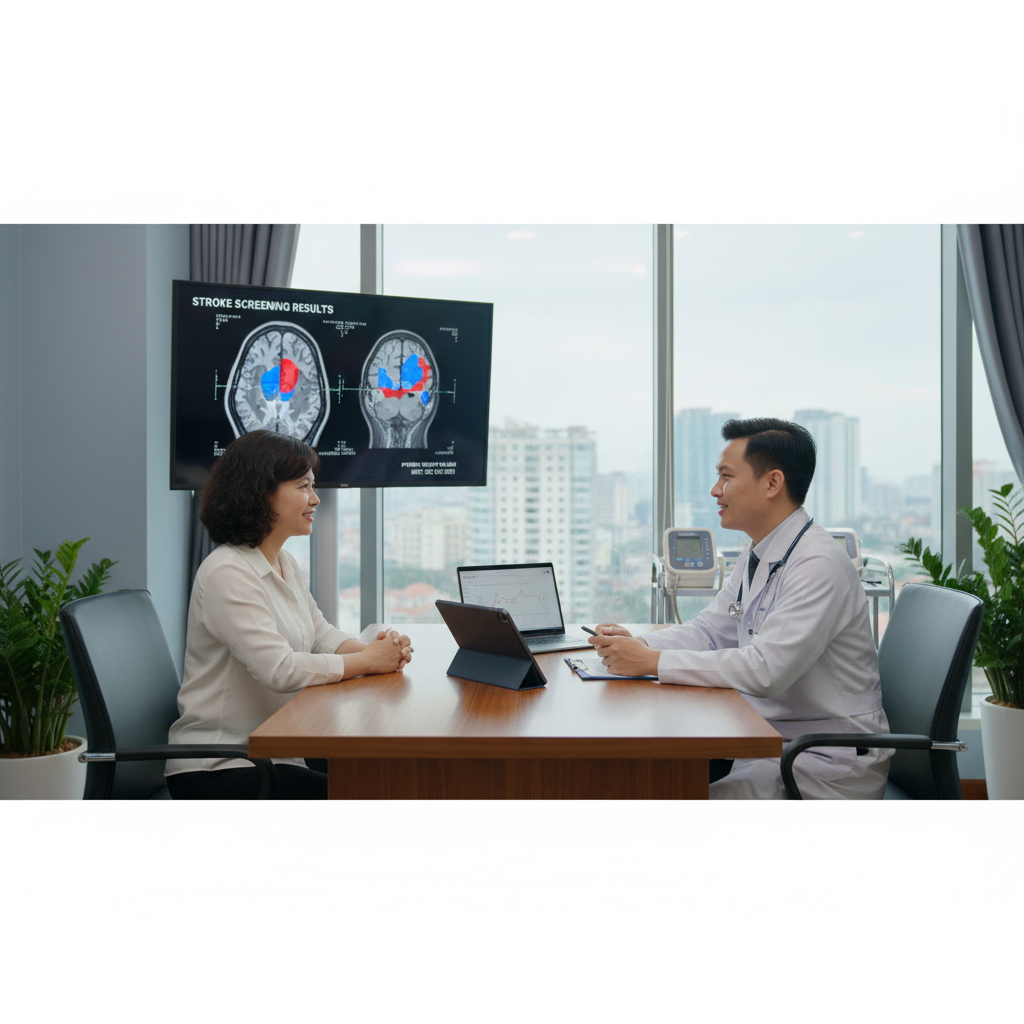 Bác sĩ tư vấn kết quả tầm soát đột quỵ cho bệnh nhân tại phòng khám