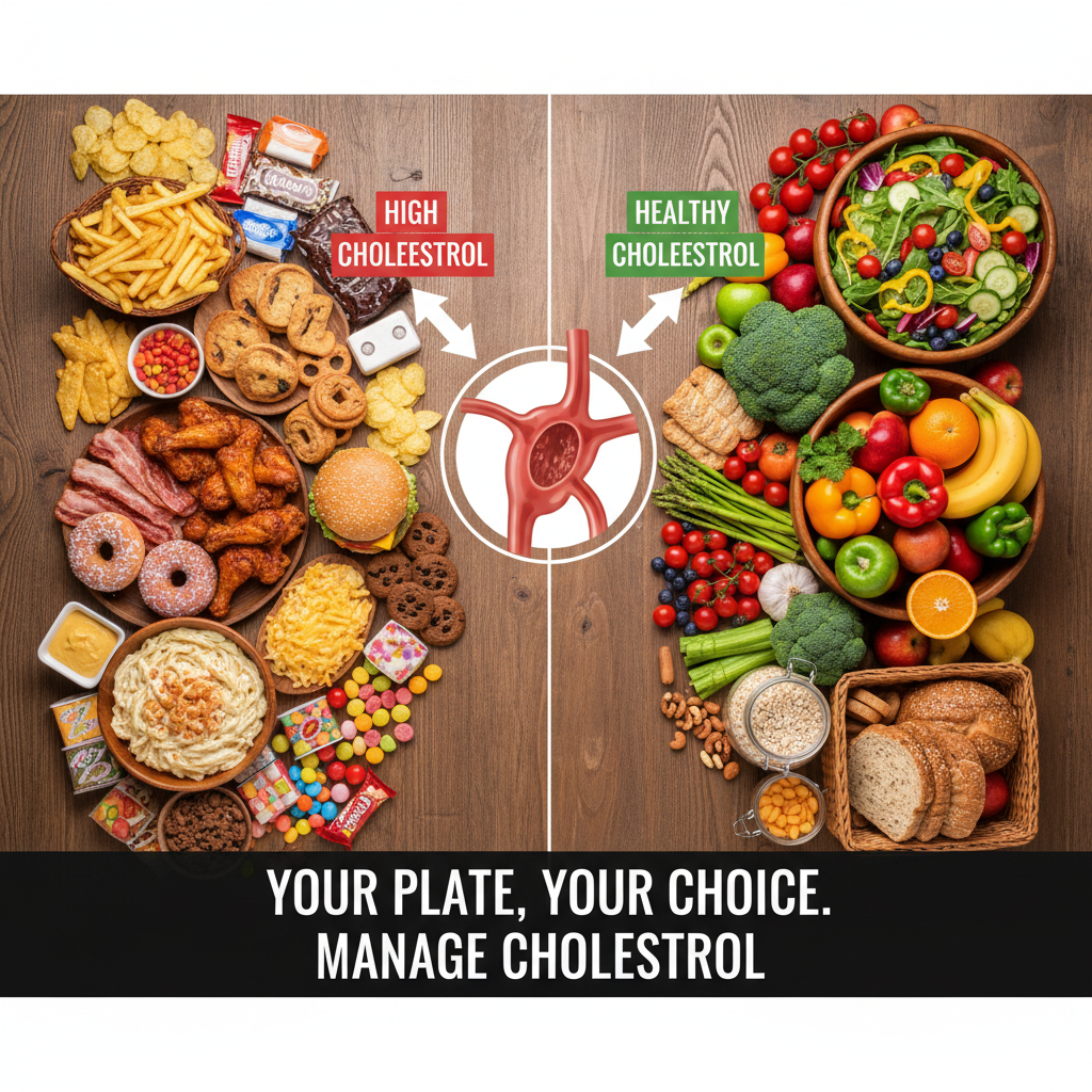 Hình ảnh so sánh thực phẩm không lành mạnh và lành mạnh để kiểm soát cholesterol