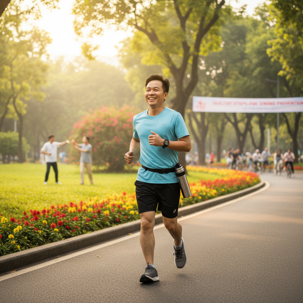 Hình ảnh người trung niên tập thể dục tại công viên để phòng ngừa đột quỵ