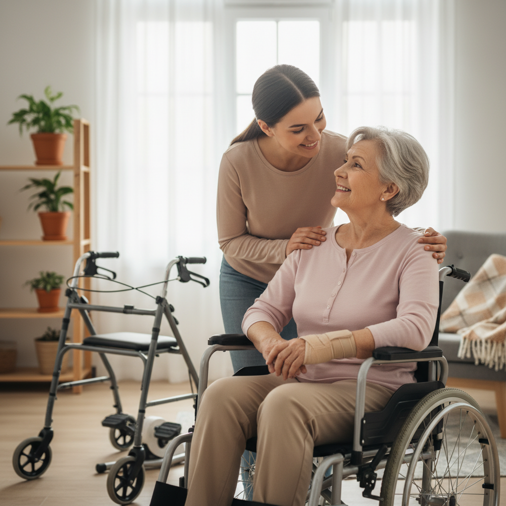 Hình ảnh người bệnh sau đột quỵ được gia đình hỗ trợ phục hồi tại nhà