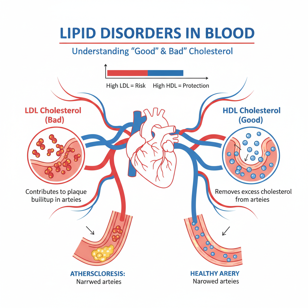 Hình minh họa về rối loạn lipid máu với cholesterol LDL và HDL