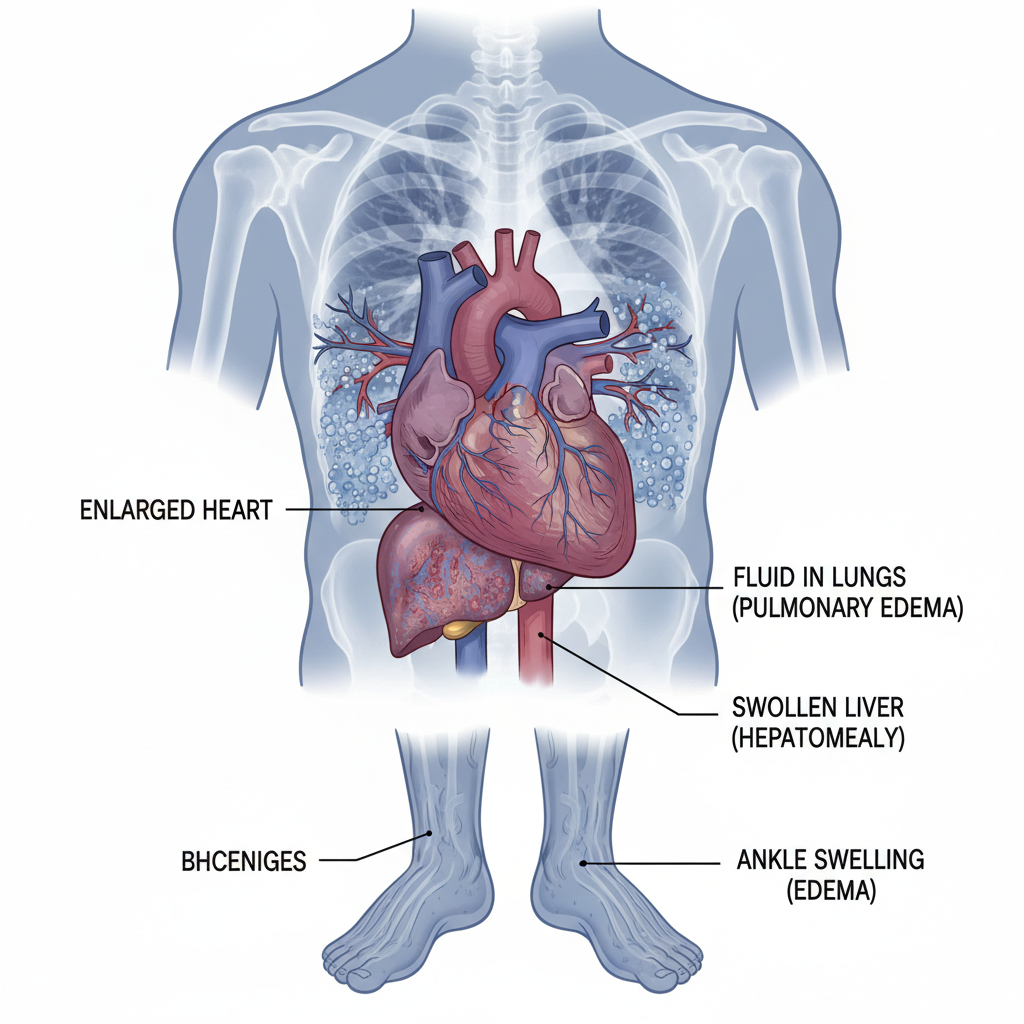 Hình minh họa tim người với các triệu chứng của suy tim sung huyết