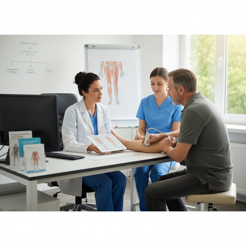 Cảnh bác sĩ khám bệnh cho bệnh nhân mắc suy tĩnh mạch.