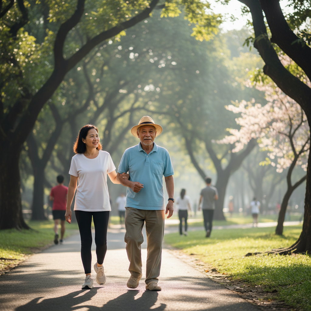 Người cao tuổi đi bộ nhẹ nhàng trong công viên cùng người thân