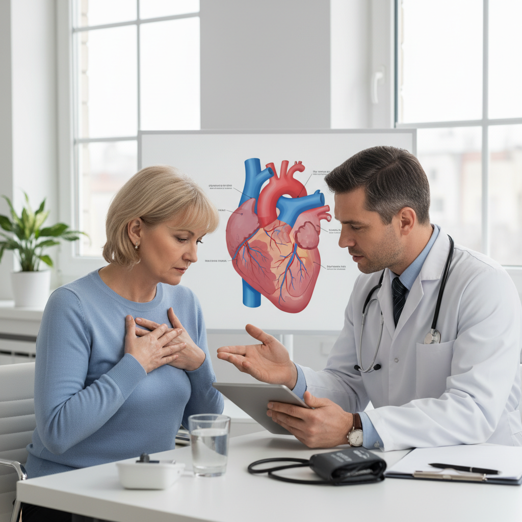 Một bác sĩ đang hỏi bệnh nhân về triệu chứng sức khỏe tim mạch.