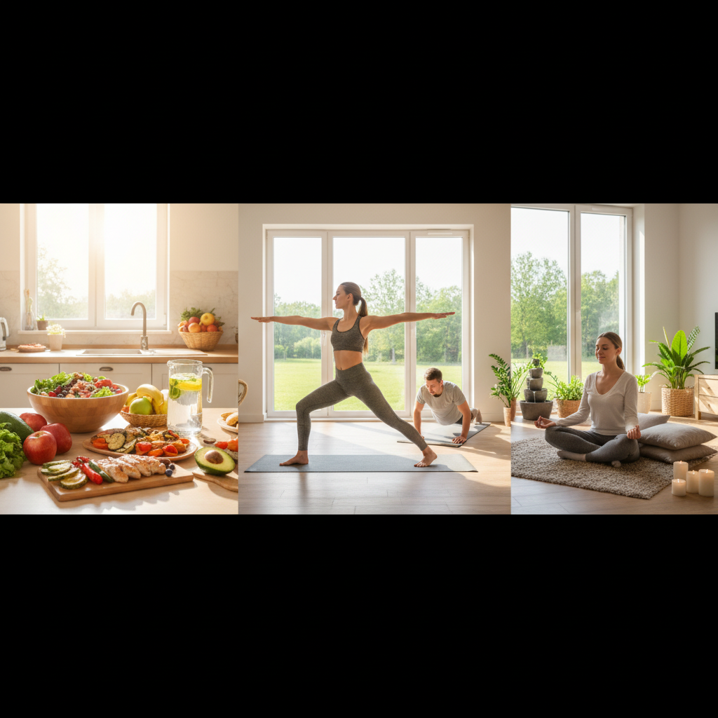 Cảnh sinh hoạt lành mạnh với chế độ ăn uống cân bằng, tập thể dục và các kỹ thuật thư giãn.