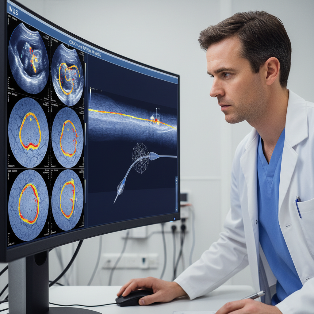 Bác sĩ khám xét hình ảnh siêu âm động mạch vành sử dụng IVUS.