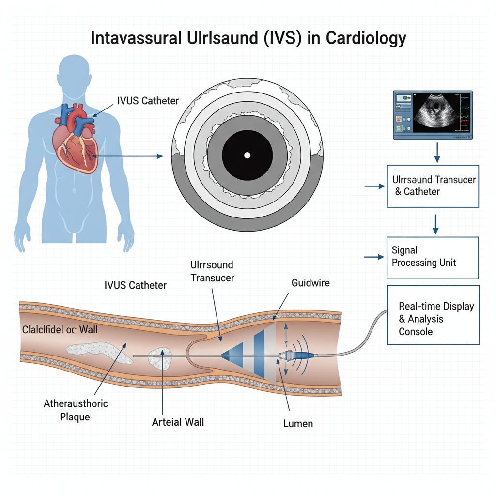 Sơ đồ chi tiết công nghệ siêu âm trong lòng mạch (IVUS) ứng dụng trong tim mạch.