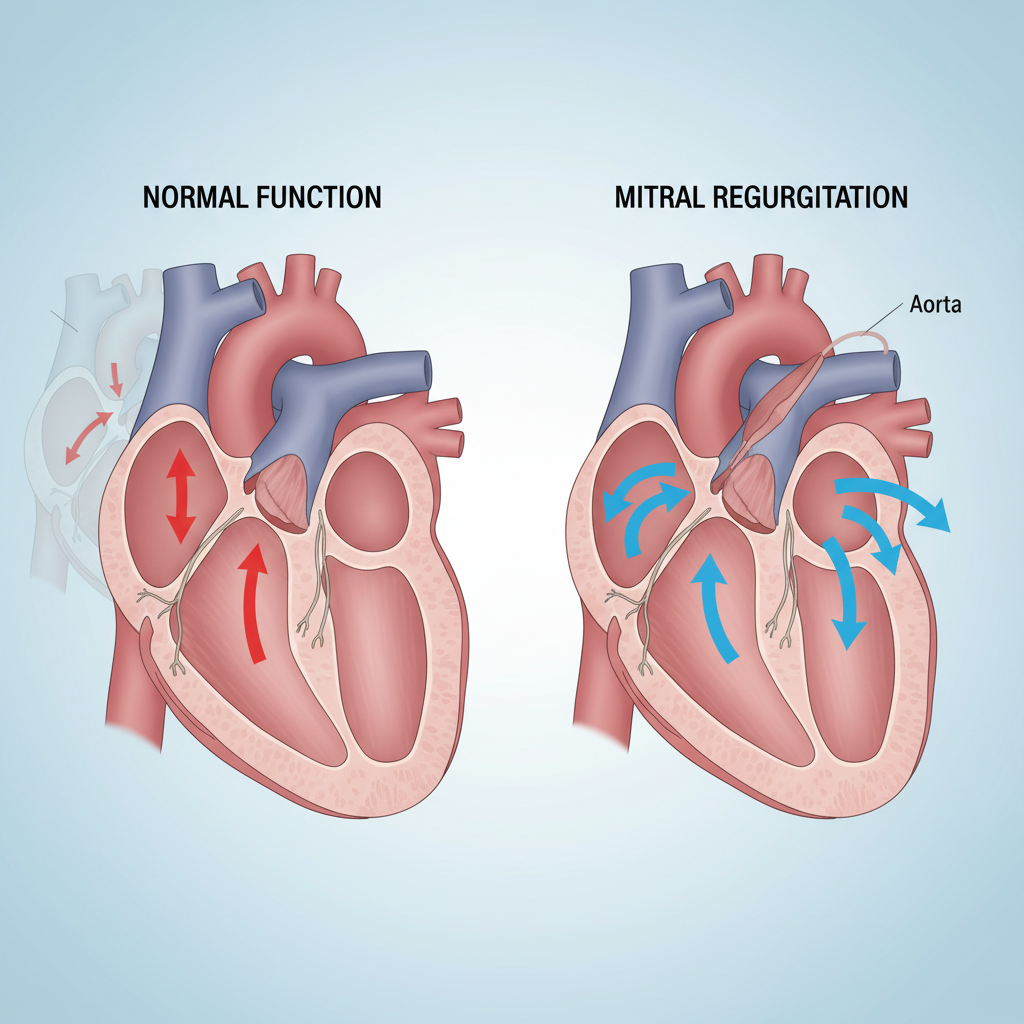 Minh họa van hai lá, chỉ rõ chức năng bình thường và tình trạng hở van.