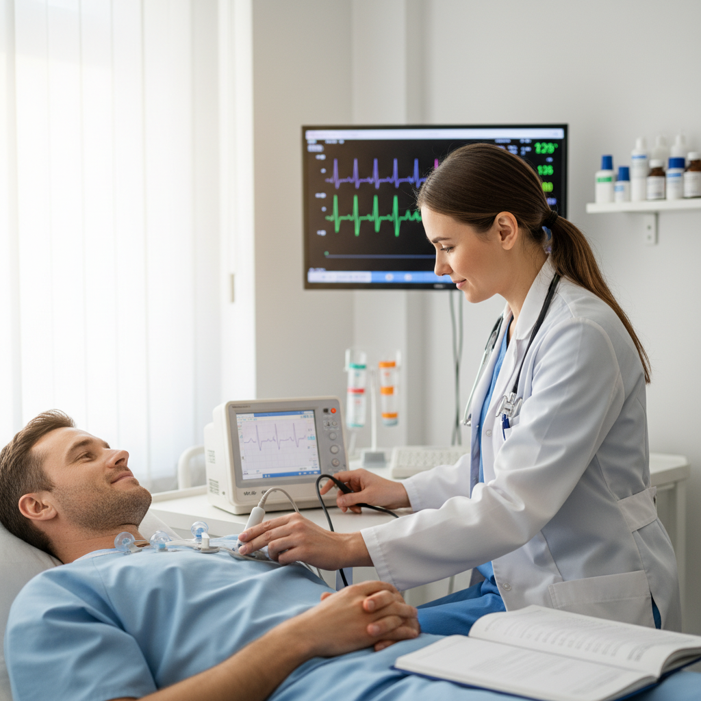 Một bác sĩ đang kiểm tra tim của bệnh nhân bằng điện tâm đồ.