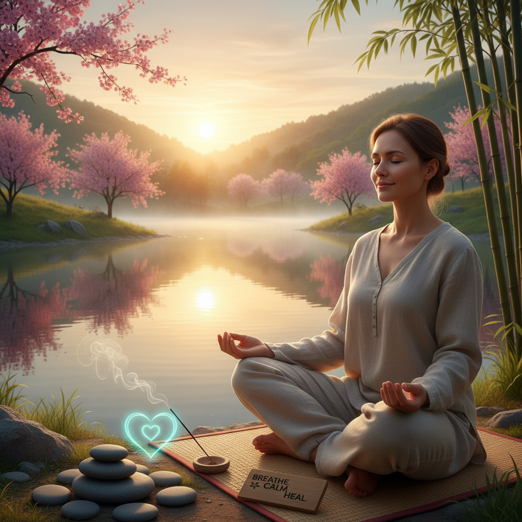 Khung cảnh thiền tĩnh lặng, thể hiện các kỹ thuật thư giãn để quản lý căng thẳng và cải thiện sức khỏe tim mạch
