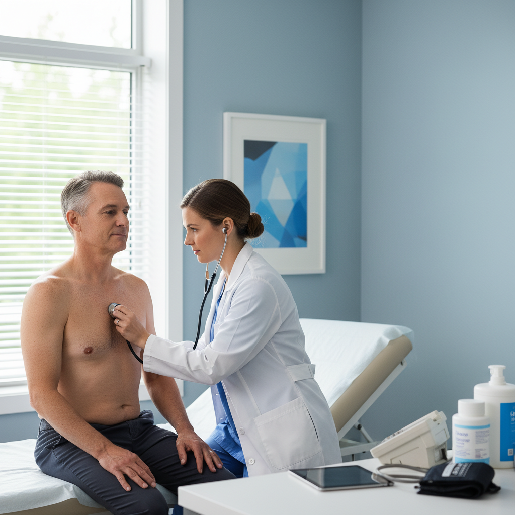 Cảnh kiểm tra sức khỏe tim mạch, bác sĩ kiểm tra trái tim của bệnh nhân bằng ống nghe trong văn phòng y tế sạch sẽ.