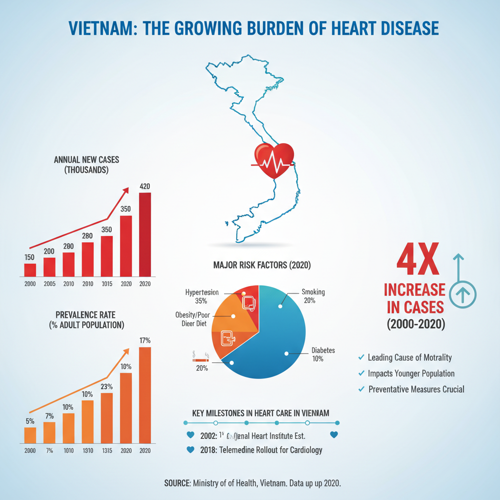 Biểu đồ minh họa sự gia tăng số ca bệnh tim mạch tại Việt Nam theo năm với các số liệu thống kê.