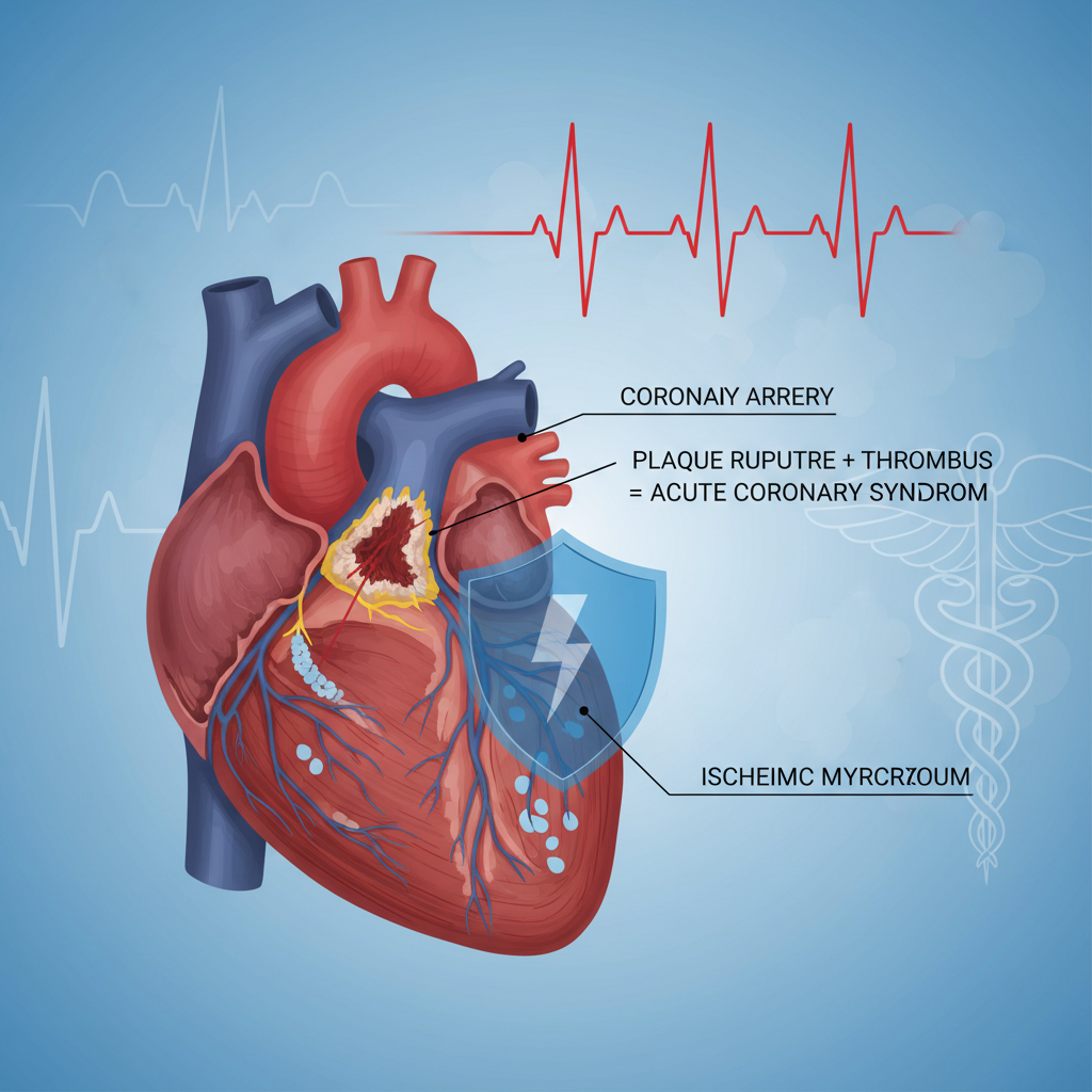 Hình minh họa của hội chứng động mạch vành cấp với trái tim và tình trạng tắc nghẽn.