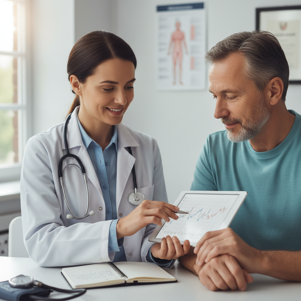 Bác sĩ thảo luận về cách quản lý huyết áp với bệnh nhân thận, thể hiện lòng thông cảm và hỗ trợ.