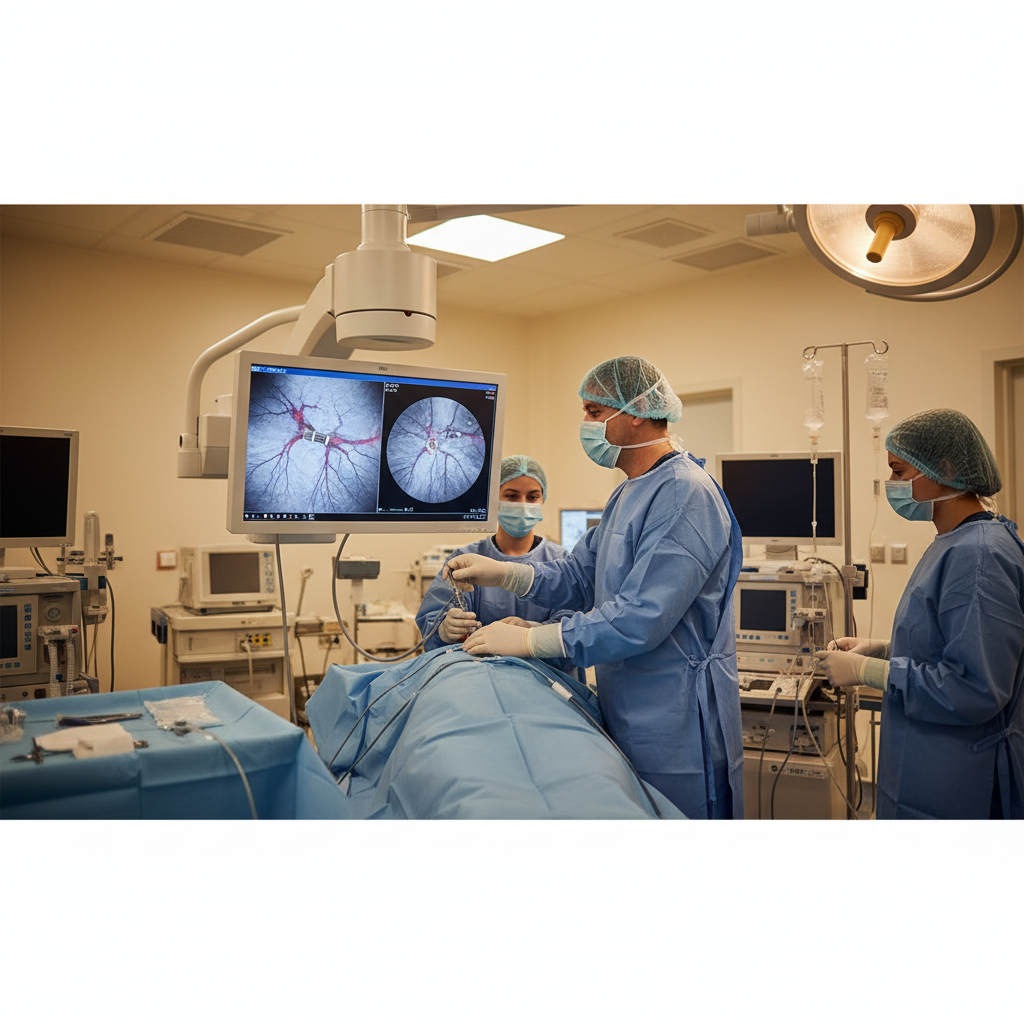 Bác sĩ đang thực hiện phẫu thuật đặt stent vào động mạch thận.