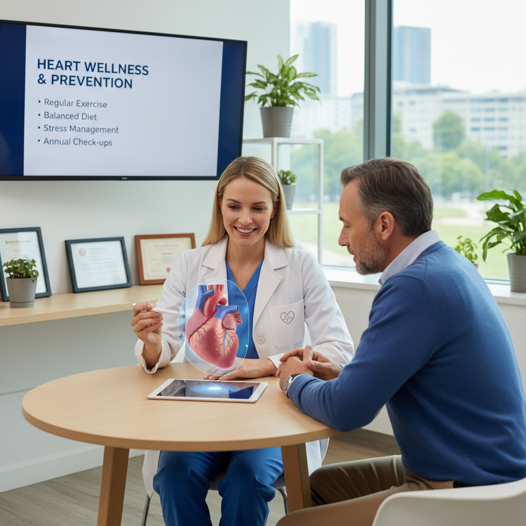 Hình ảnh bác sĩ tư vấn với bệnh nhân về sức khỏe tim mạch và các biện pháp phòng ngừa.