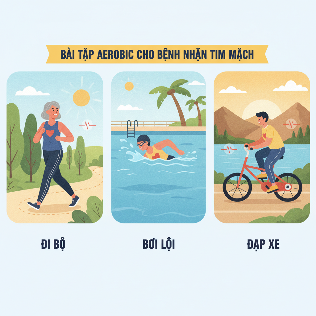 Hình minh họa các bài tập aerobic như đi bộ, bơi và đạp xe cho bệnh nhân tim.