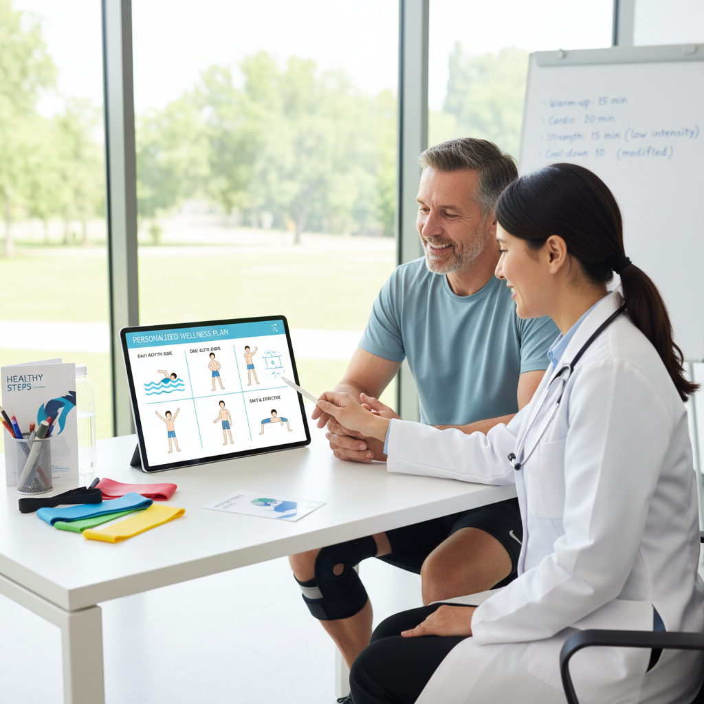 Bác sĩ thảo luận kế hoạch tập luyện an toàn với bệnh nhân.
