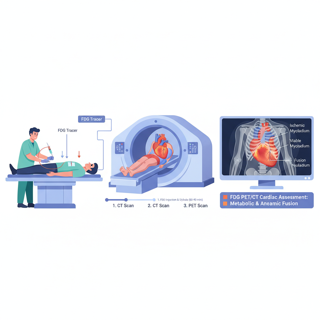 Hình minh họa mô phỏng quá trình chụp FDG PET/CT trong đánh giá tim mạch