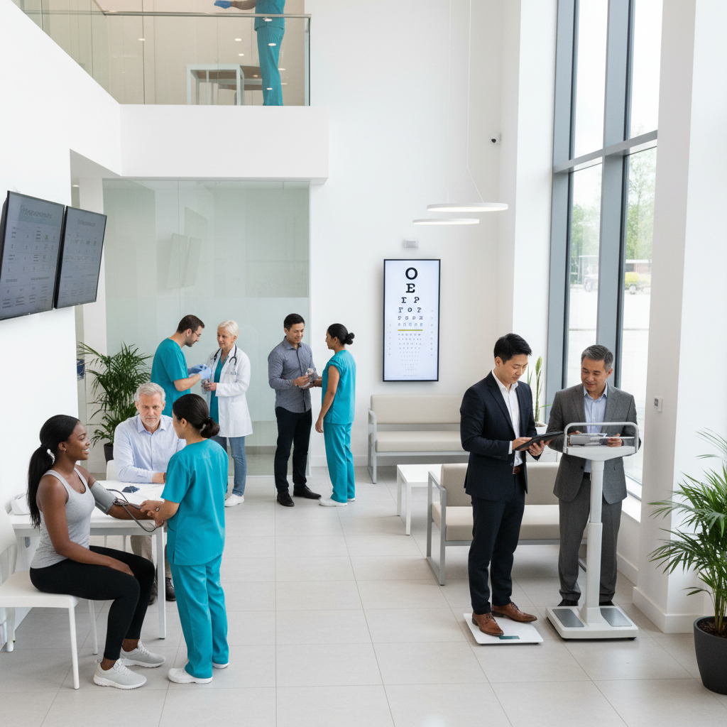 Một nhóm người trưởng thành đa dạng kiểm tra sức khỏe tại phòng khám