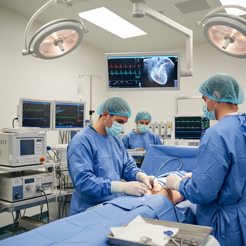 Bác sĩ thực hiện thủ thuật cấp cứu tim mạch trong bệnh viện.