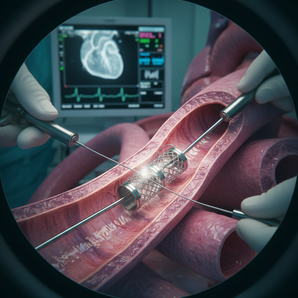 Hình ảnh gần gũi về stent mạch vành được đặt trong lúc can thiệp tim mạch qua da.
