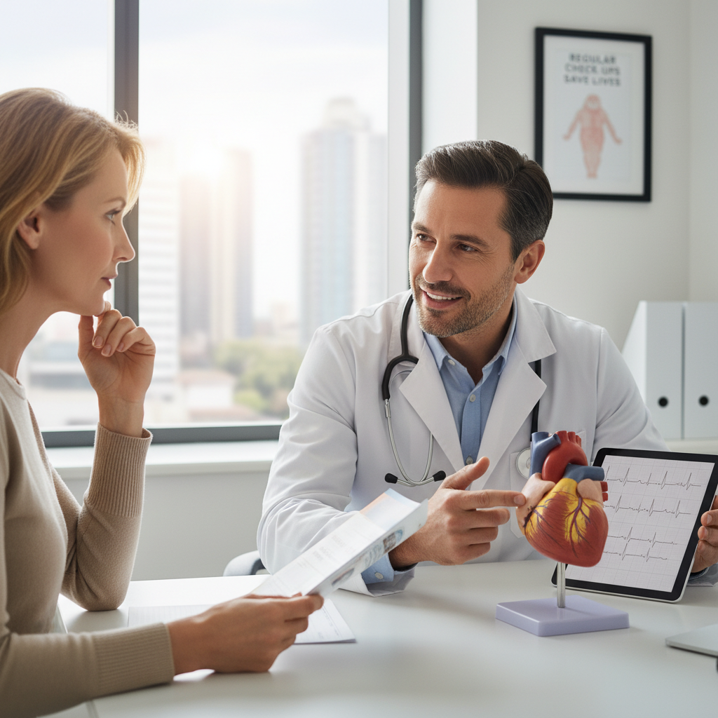 Bác sĩ thảo luận với bệnh nhân về sức khỏe tim mạch và tầm quan trọng của việc kiểm tra sức khỏe định kỳ.