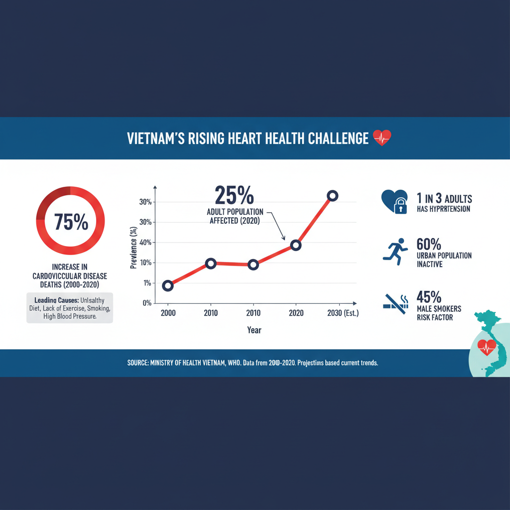 Infographic về thống kê sức khỏe tim mạch tại Việt Nam, nhấn mạnh sự gia tăng tỷ lệ mắc bệnh.