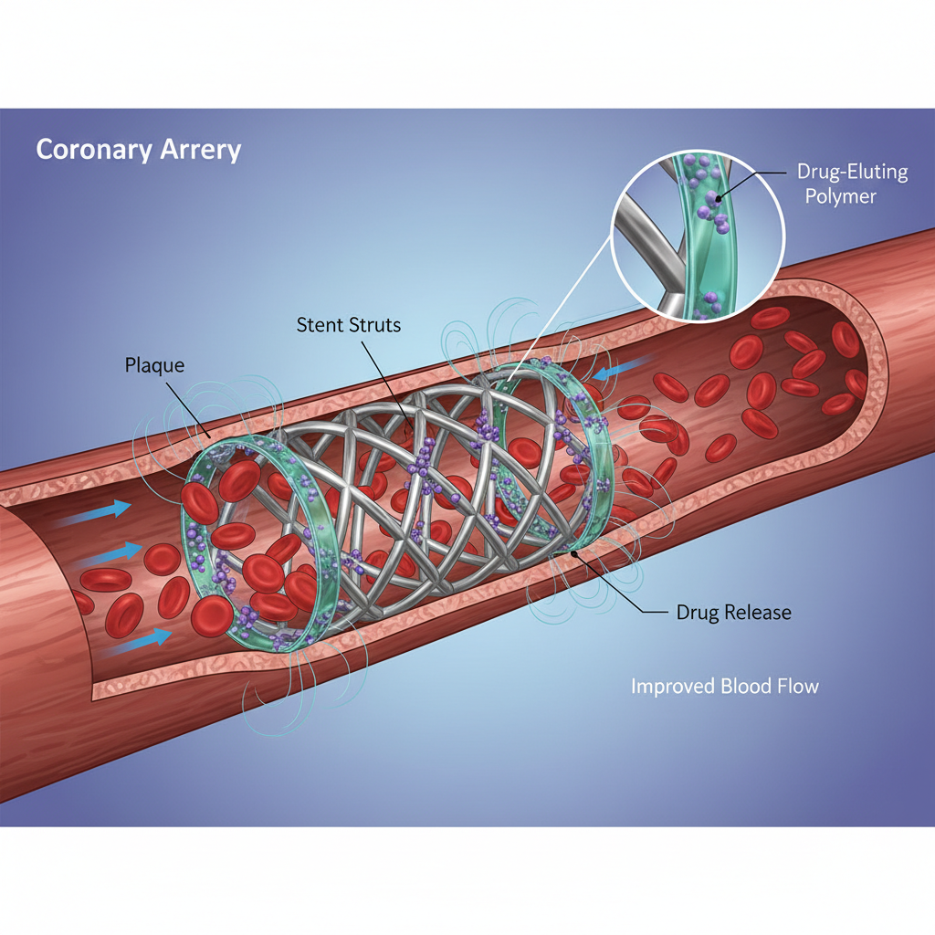 Hình minh họa chi tiết về stent động mạch vành phủ thuốc trong động mạch, mô tả dòng máu và cấu trúc stent.
