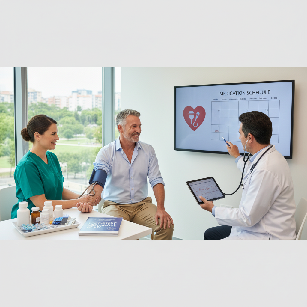 Hình ảnh bệnh nhân được chăm sóc sau khi đặt stent, nhấn mạnh việc kiểm tra sức khỏe và dùng thuốc.