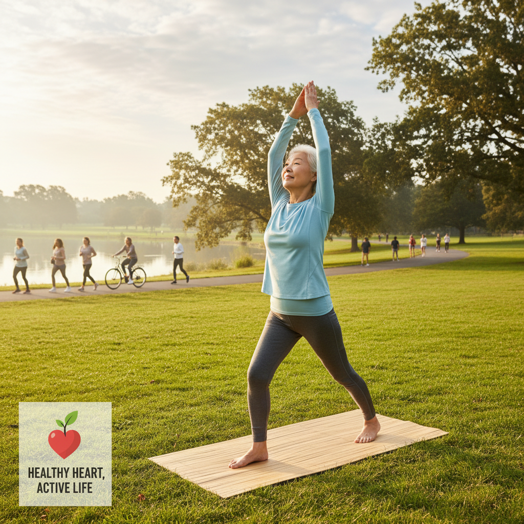 Người cao tuổi tập yoga ngoài trời, thể hiện lối sống lành mạnh để phòng ngừa bệnh tim.
