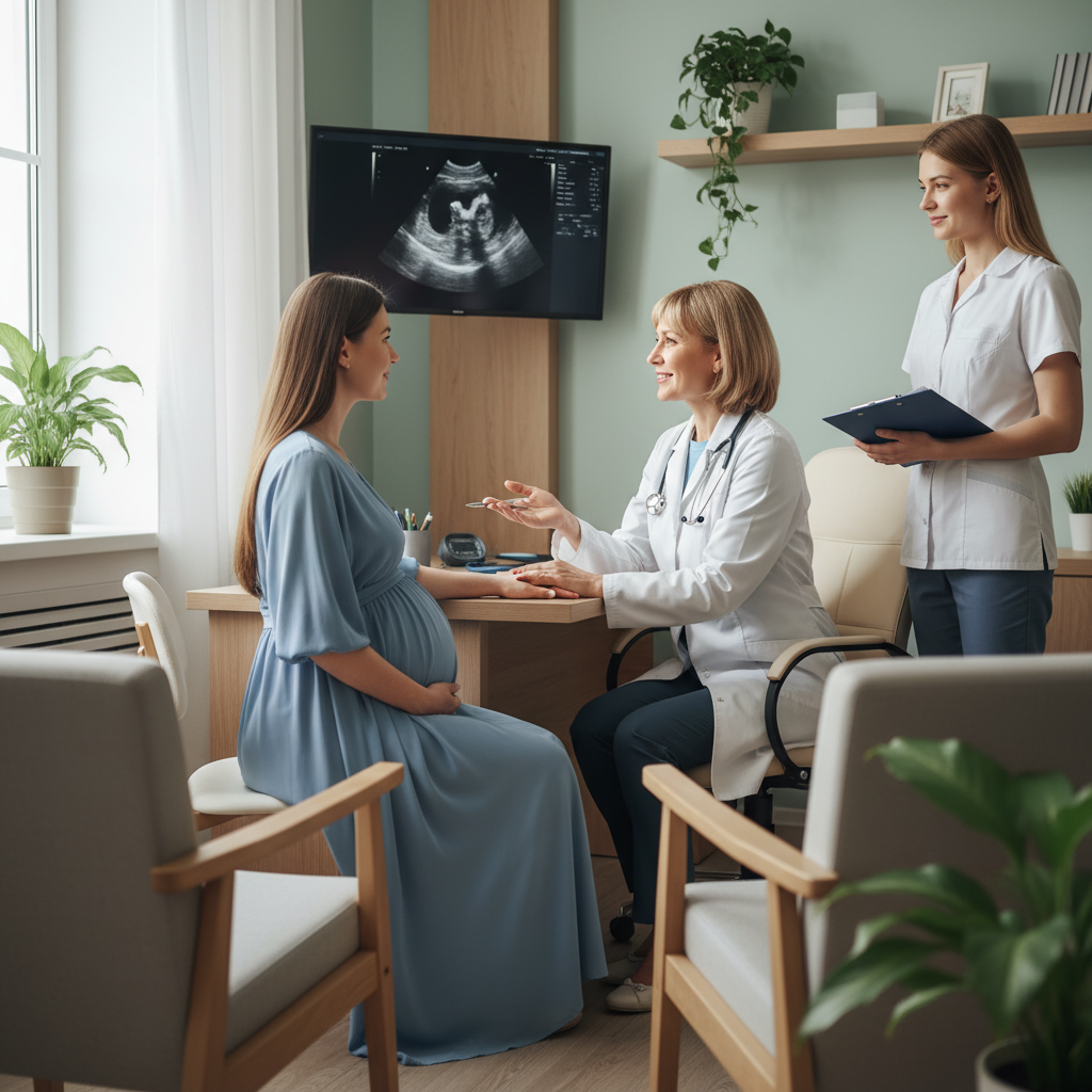 Phụ nữ mang thai tư vấn với bác sĩ tim mạch trong quá trình kiểm tra sức khỏe.