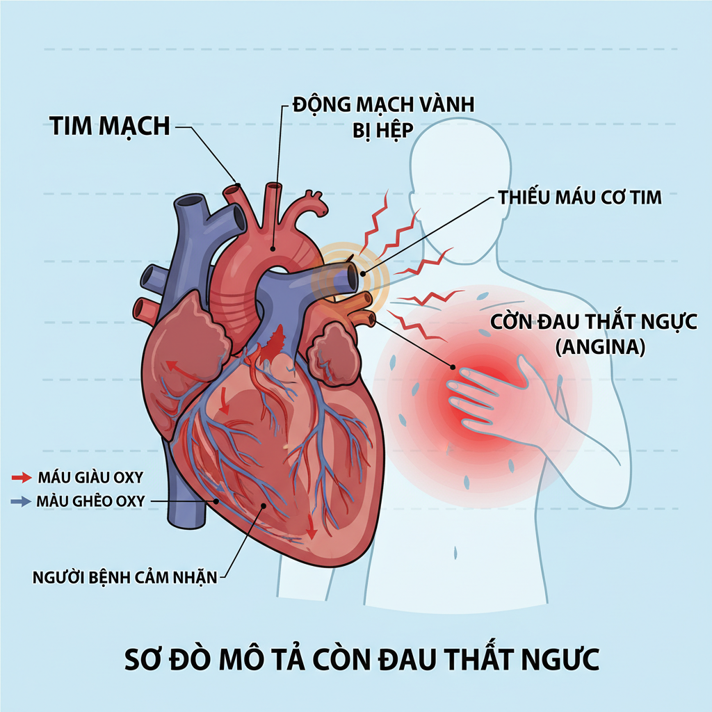 Hình minh họa hệ thống động mạch vành với các khu vực đau thắt ngực.