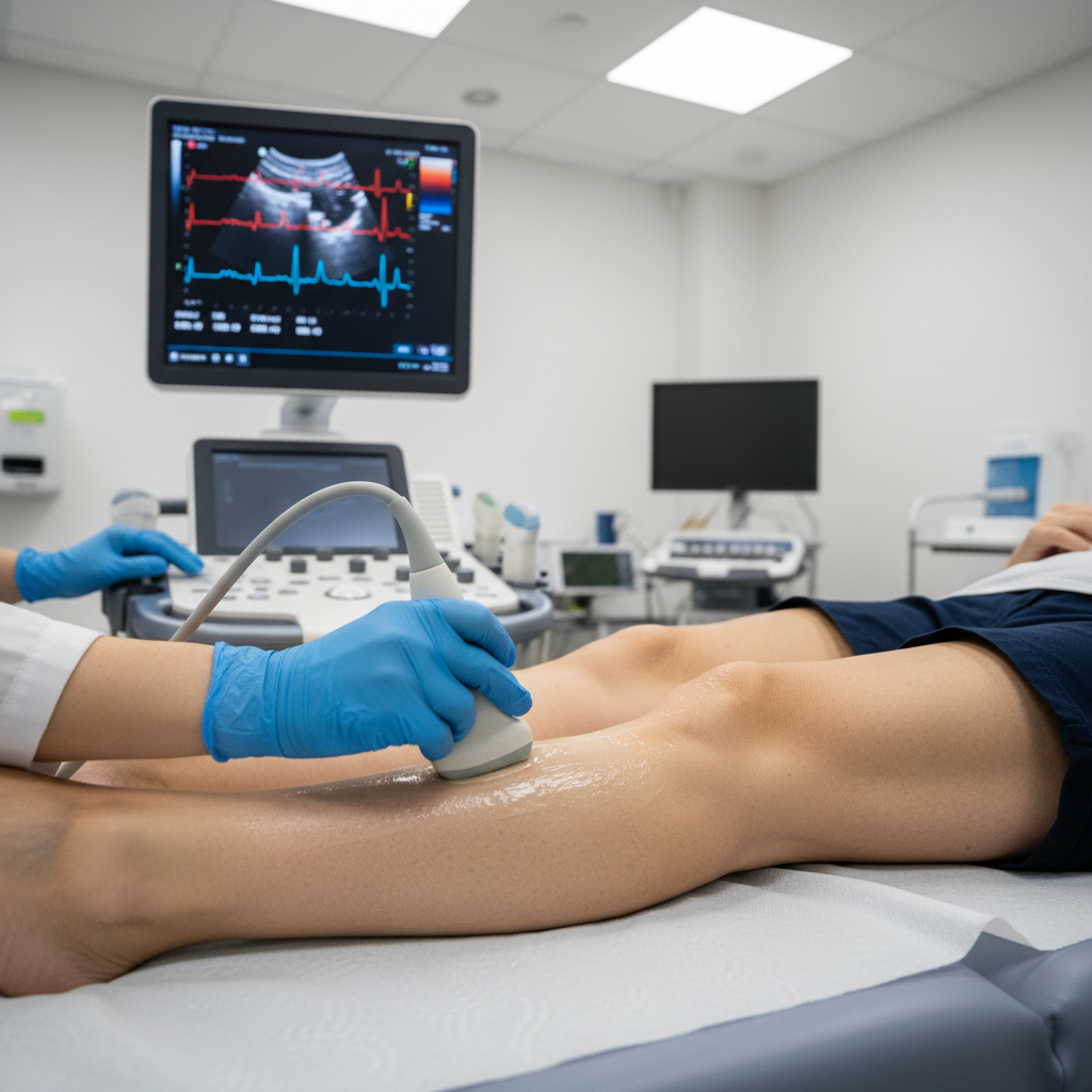 Bệnh nhân đang được kiểm tra siêu âm Doppler ở chân để phát hiện vấn đề động mạch.
