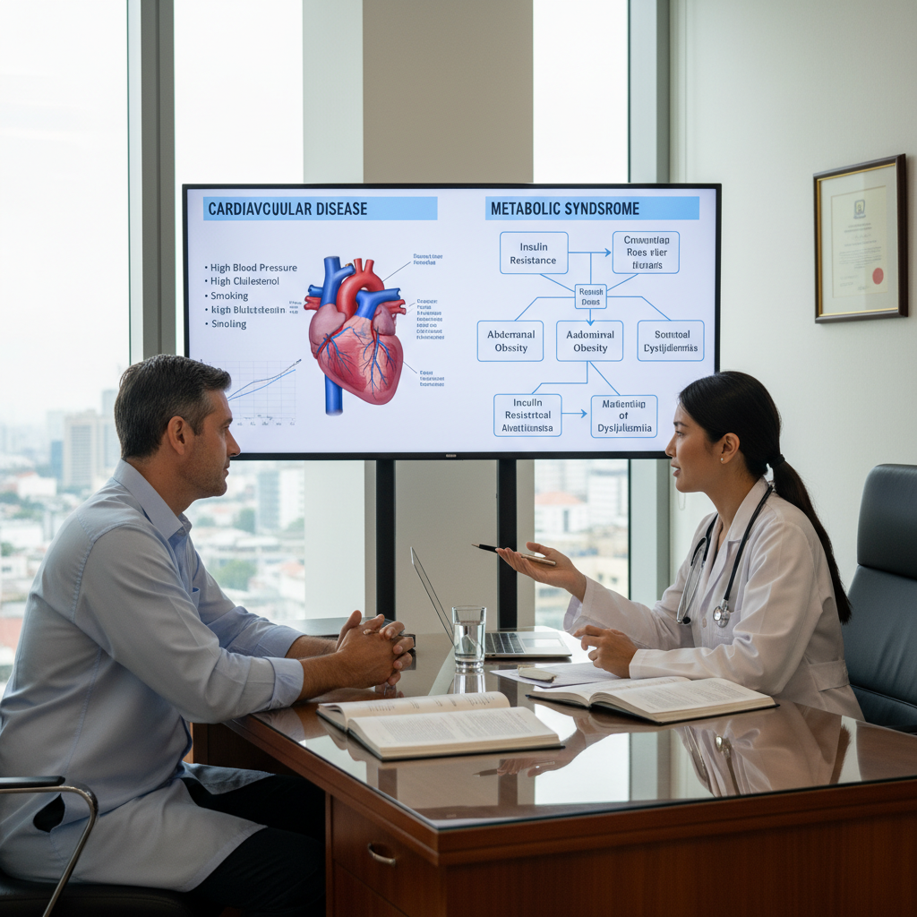 Hình ảnh chuyên gia sức khỏe đang thảo luận về sức khỏe tim mạch với bệnh nhân, có biểu đồ về bệnh tim mạch và hội chứng chuyển hóa.