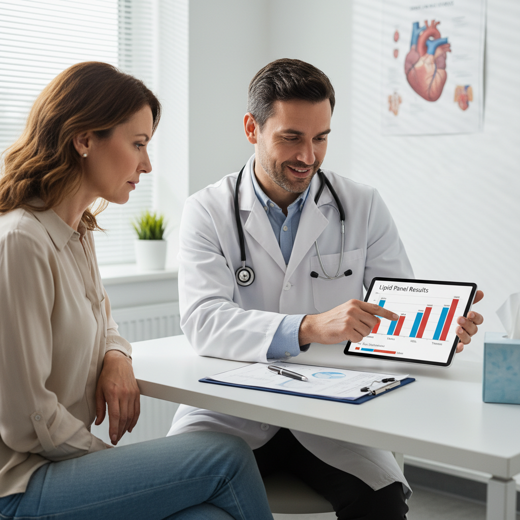 Bác sĩ đang thảo luận về kết quả xét nghiệm lipid với bệnh nhân trong một phòng khám.