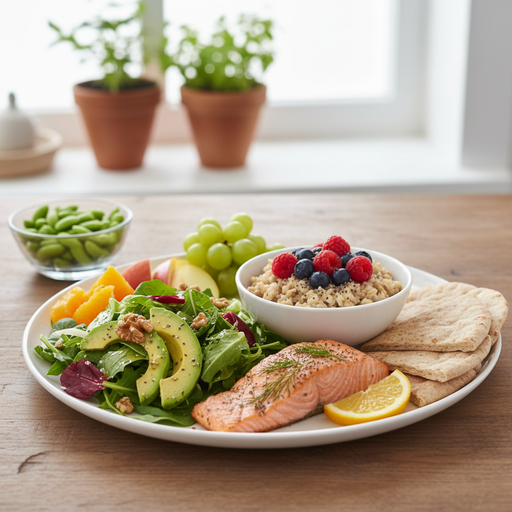 Bữa ăn lành mạnh với các loại thực phẩm thúc đẩy cholesterol tốt như trái cây, rau củ và ngũ cốc.
