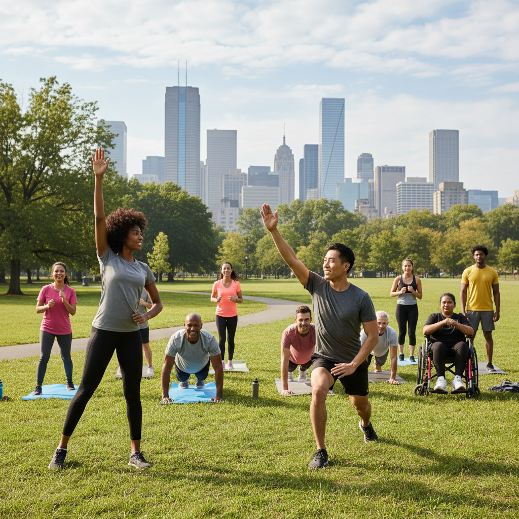 nhóm người đa dạng cùng tập thể dục ngoài trời
