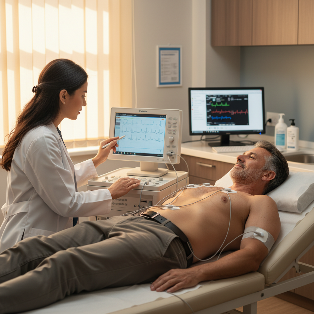 Bác sĩ đang thực hiện xét nghiệm điện tâm đồ cho bệnh nhân.
