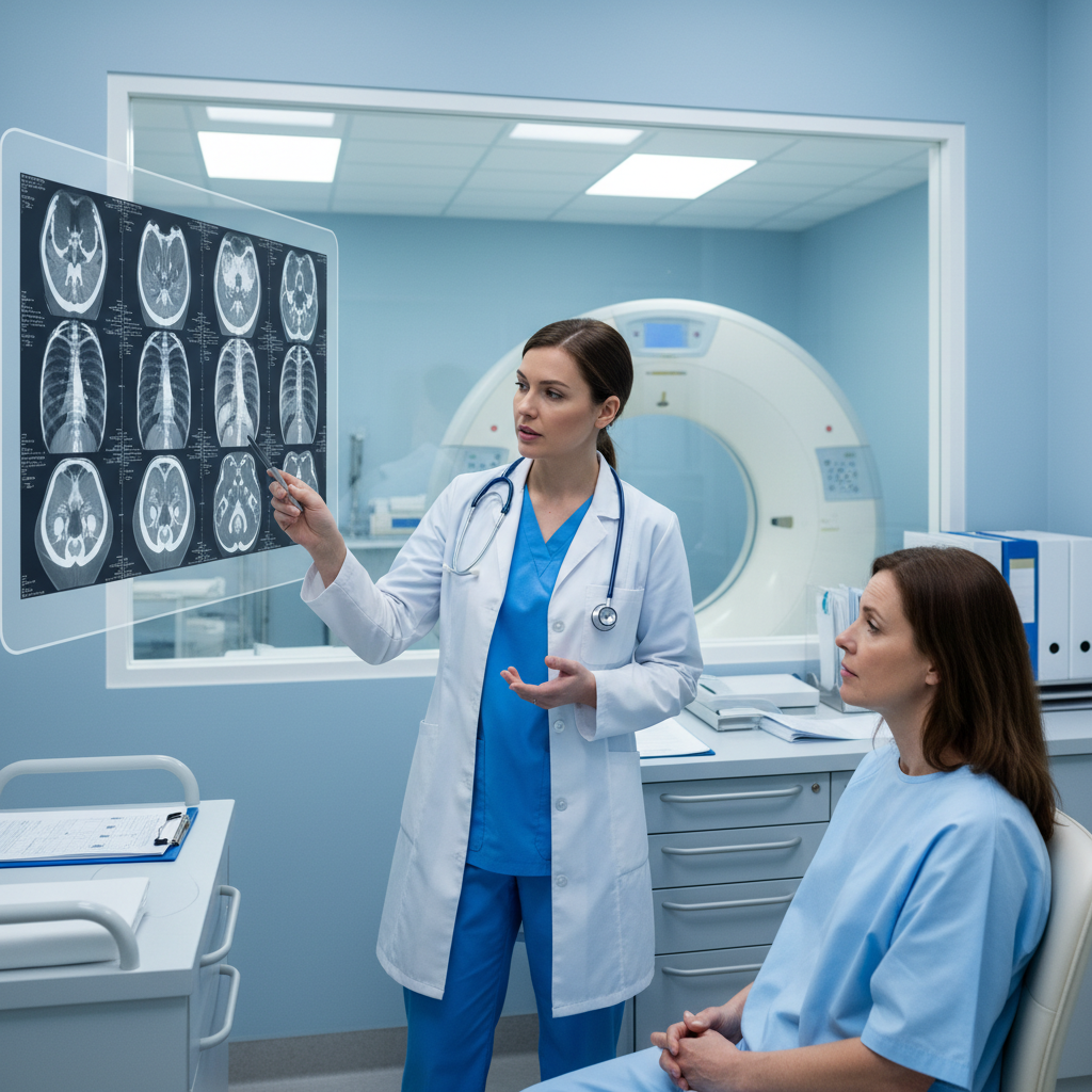 Bác sĩ giải thích quy trình chụp CT cho bệnh nhân.