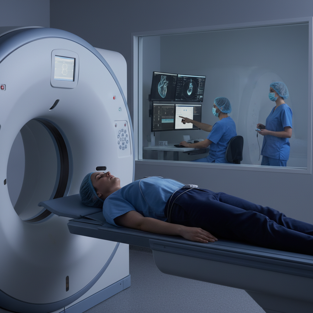 Bệnh nhân đang chụp CT tim với sự theo dõi của nhân viên y tế.