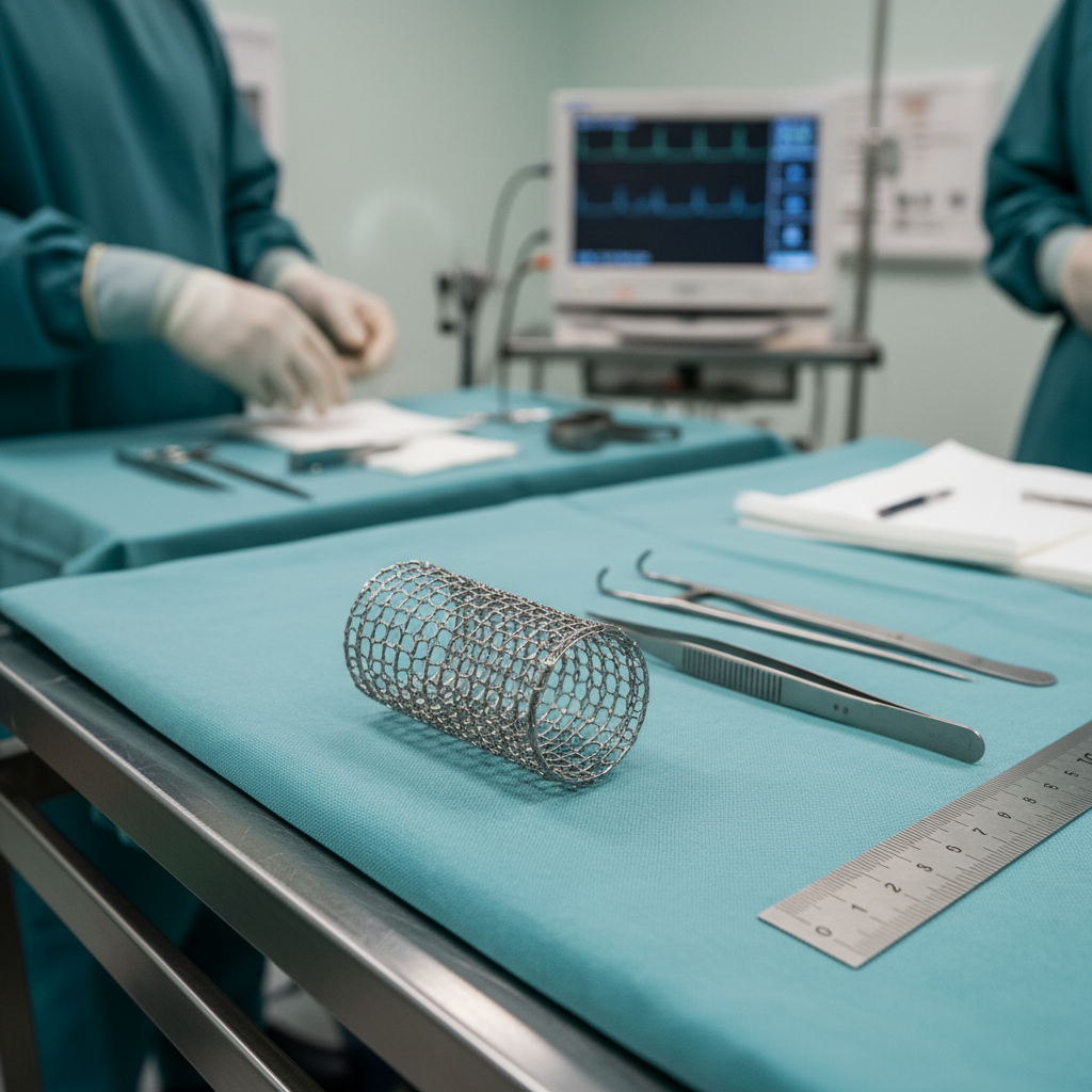 Một chiếc stent tim được đặt trên bàn y tế.