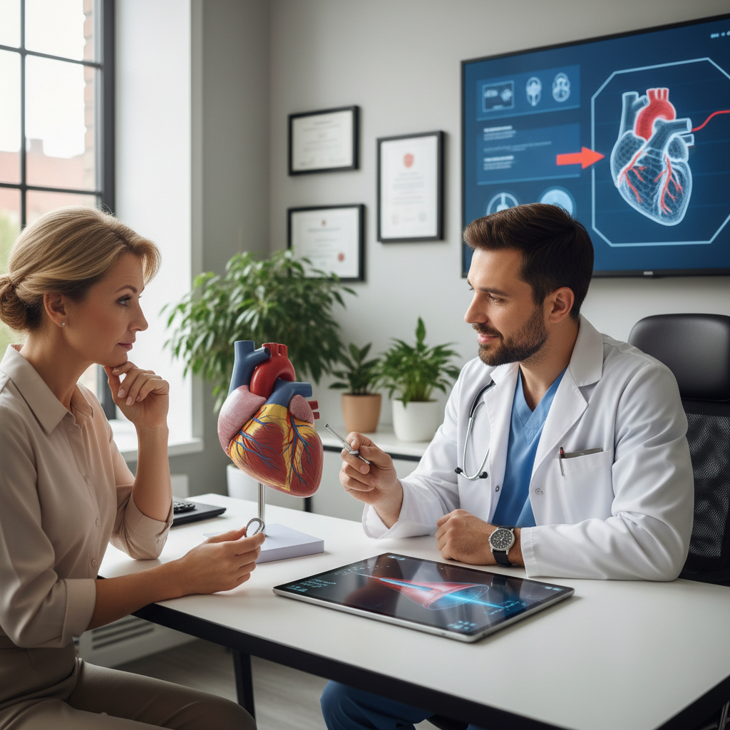 Bác sĩ giải thích quy trình đặt stent cho bệnh nhân trong phòng khám.